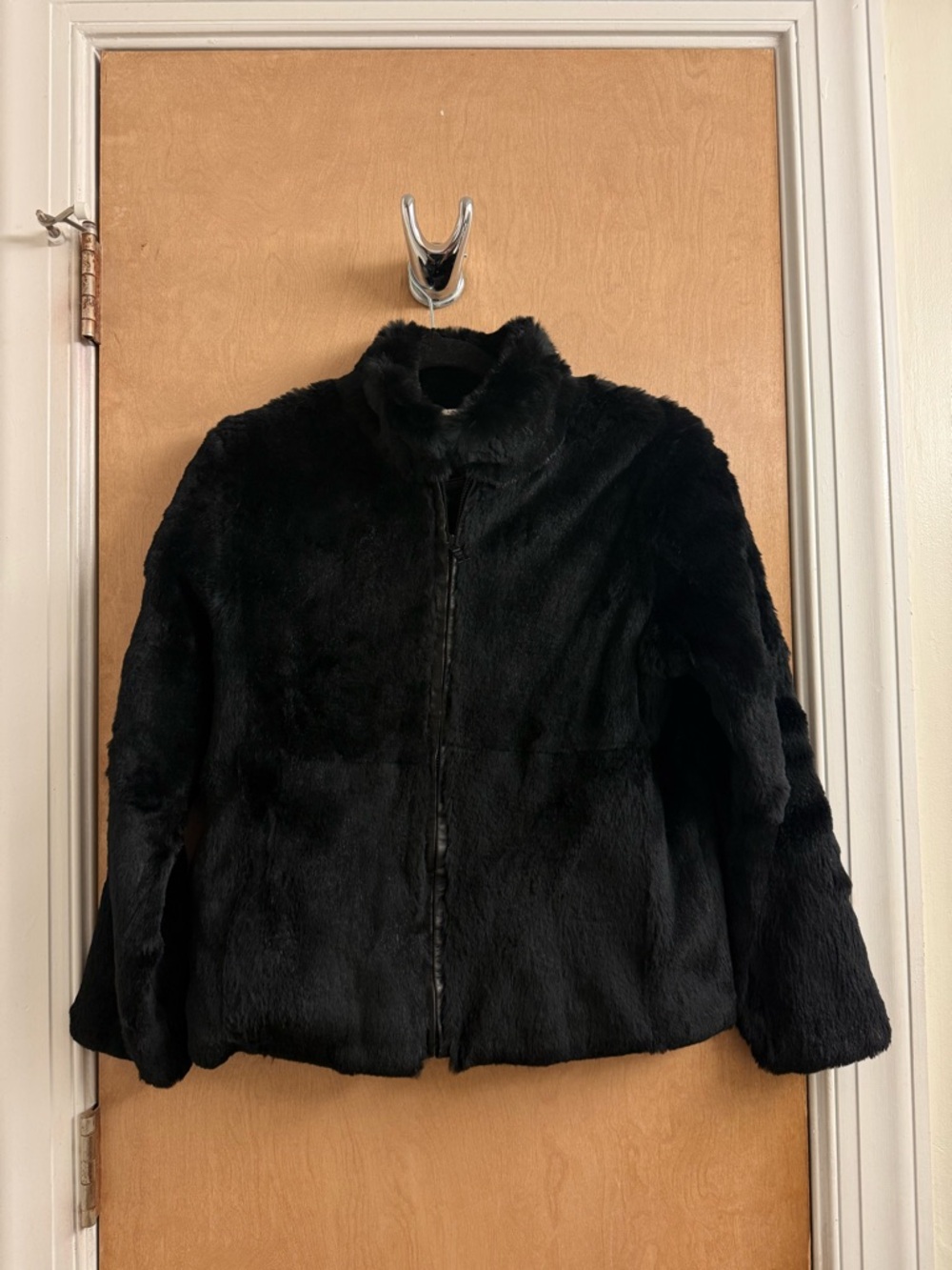 Andrew Marc Real Rabbit Fur Black Jacket with Leather Trim, Zip Front Size S